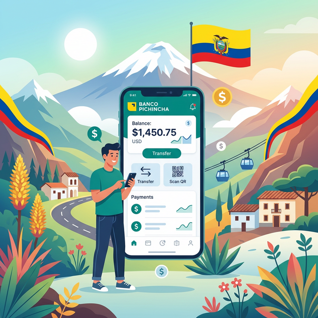 App de Banco Pichincha Ecuador — banca móvil desde el celular con interfaz moderna