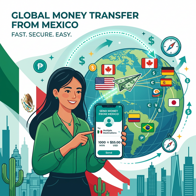 Persona en México enviando dinero al extranjero con opciones de plataformas digitales y bancos