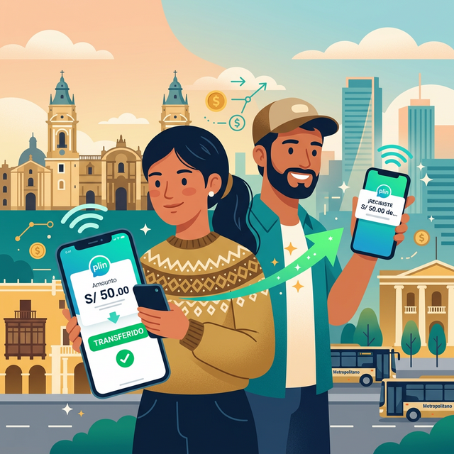 Persona usando Plin para transferir dinero desde su celular en Perú