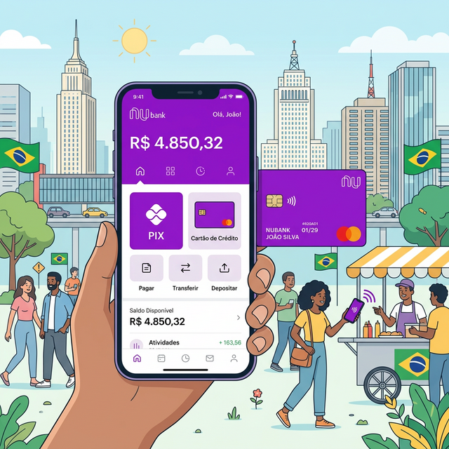 Nubank Brasil — banco digital con tarjeta morada, PIX y app móvil