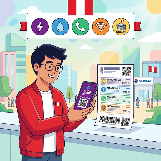 Pagar servicios con Yape en Perú — celular con app Yape y recibos de luz, agua y teléfono