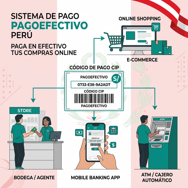Ilustración de PagoEfectivo en Perú mostrando pago con código en agente bancario y app móvil